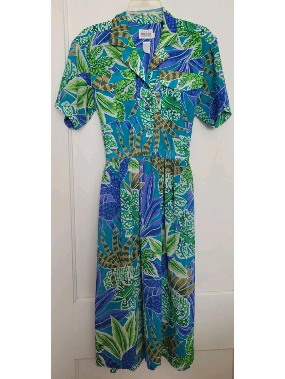 VTG Leslie Fay Petite 4 Blue Leaves Dress Women Floral Leaf Print Classic